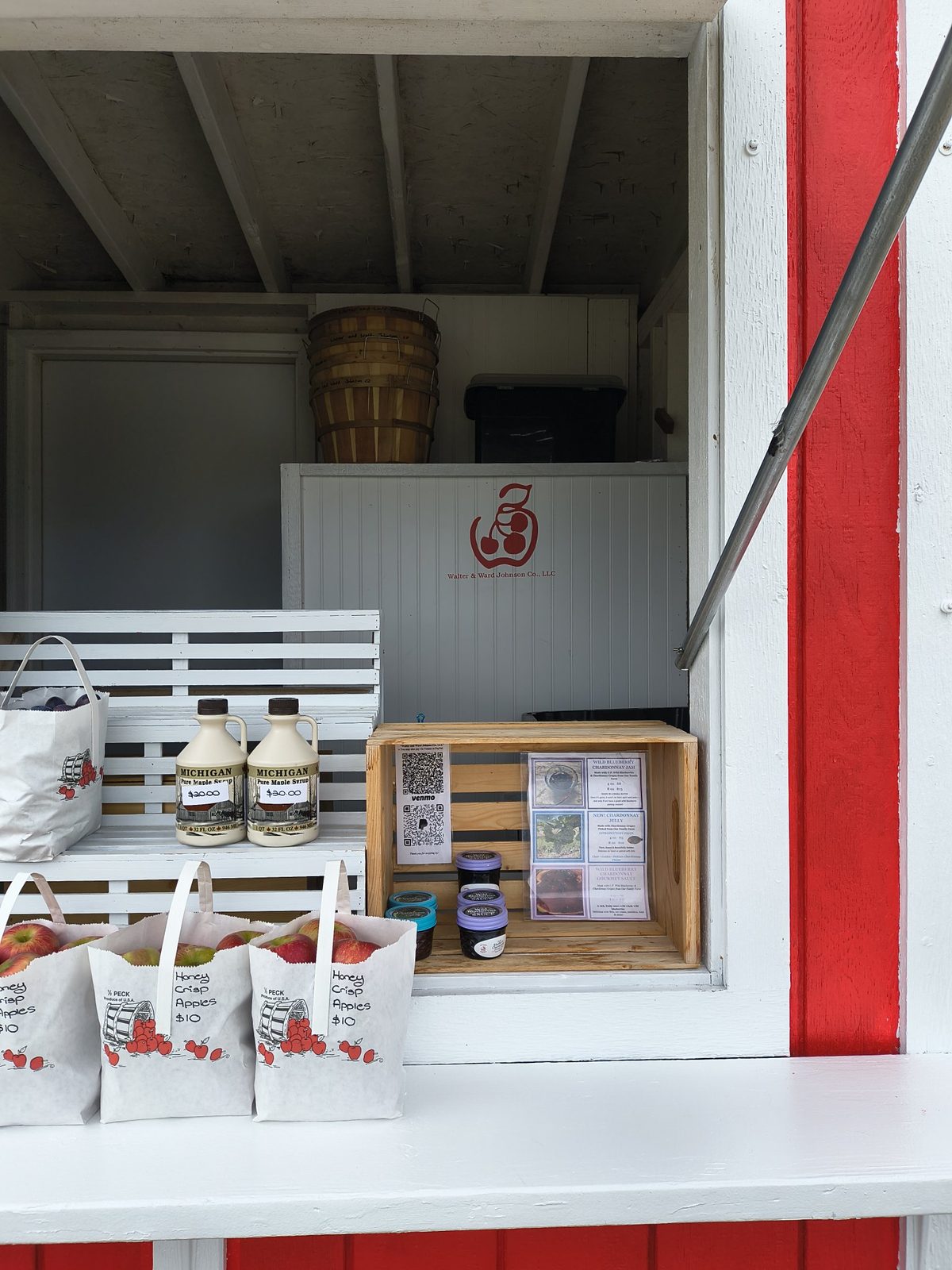 Fresh apples, maple syrup and jams inside the farm stand